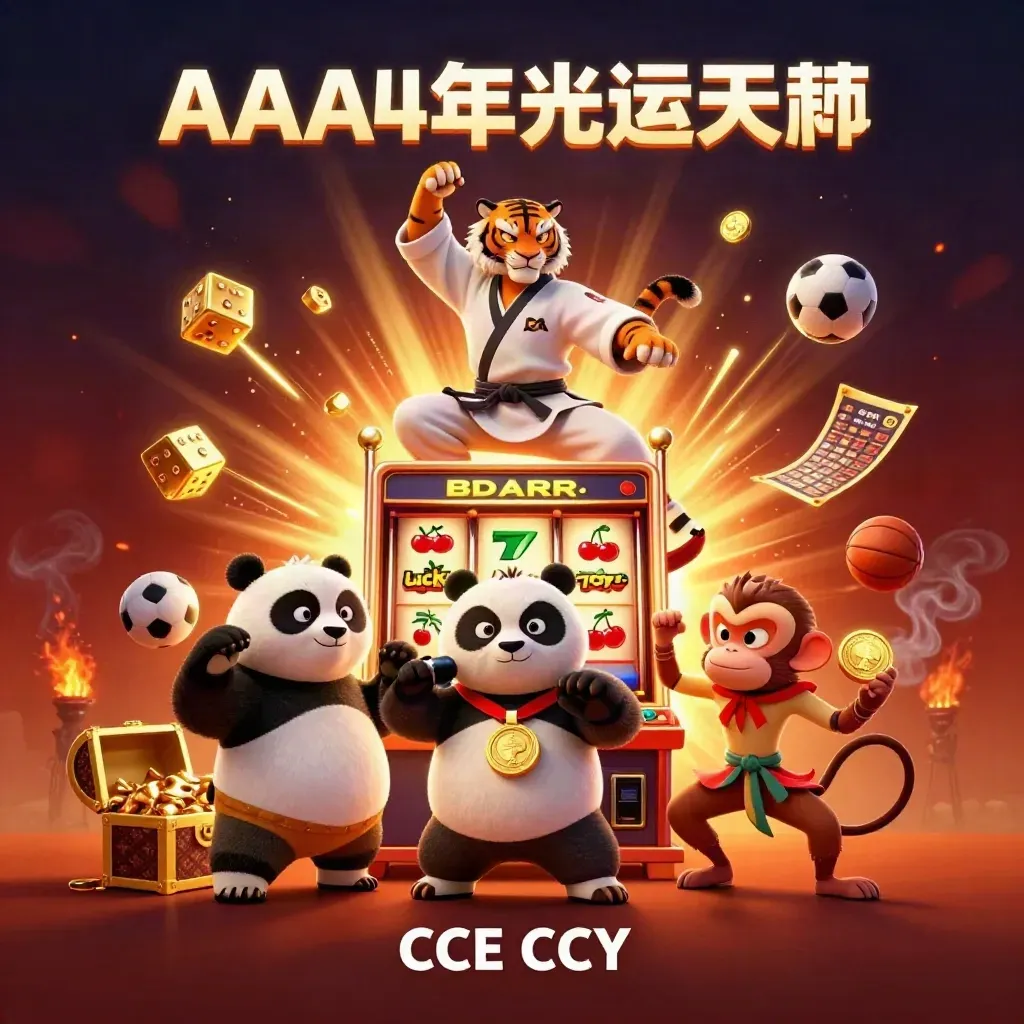 Kung-fu tiger, panda, and monkey amid exploding slot machine, gold, and sports icons.