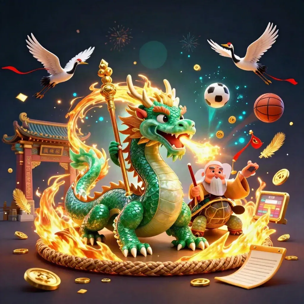 Emerald dragon, turtle sage and cranes amid casino sports fire, coins and neon haze.