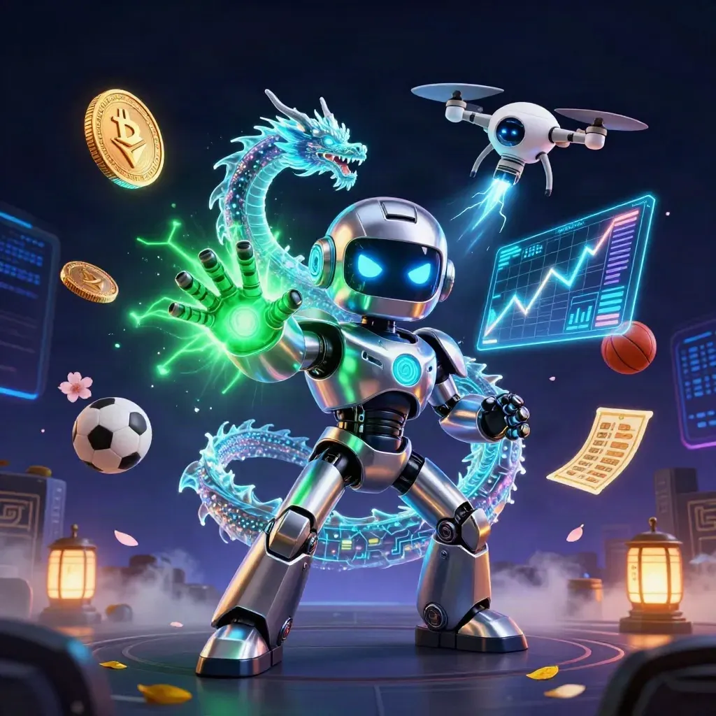 Cyberpunk robot, holographic dragon, and coin drone in a neon casino storm with crypto and sports props.