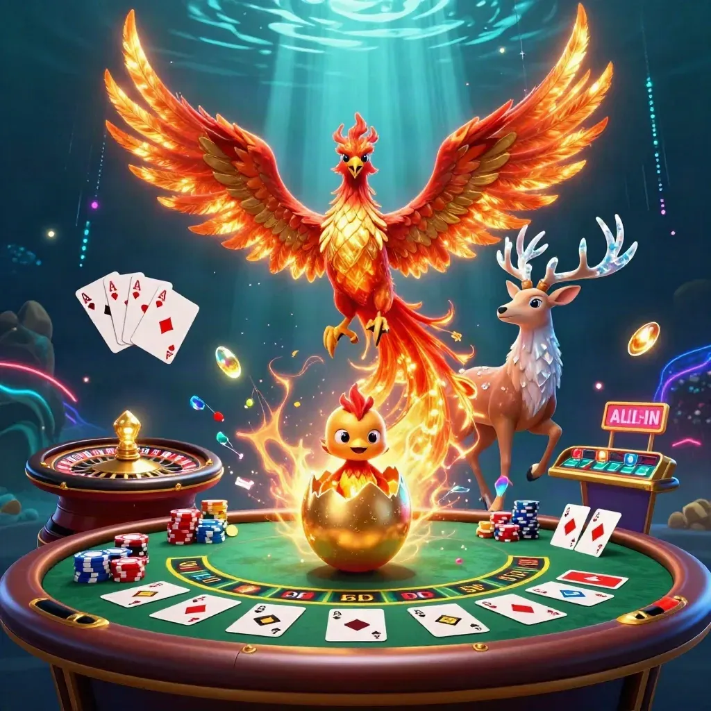 Fire phoenix, baby phoenix, and crystal stag above a neon casino table with chips, aces, and spinning roulette