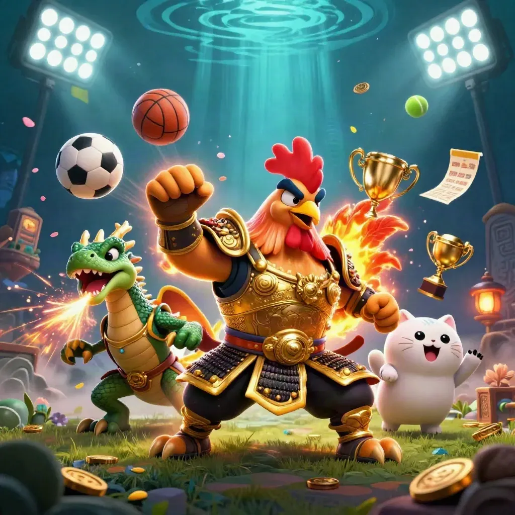 Rooster samurai, dragon hatchling and fortune-cat amid flying balls, coins and casino lights.