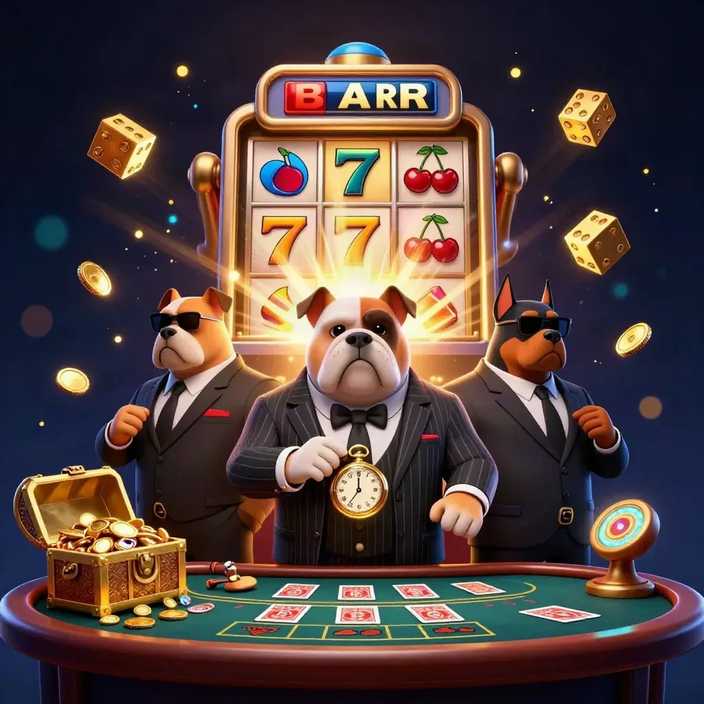 Bulldog boss and Doberman guards amid slot bursts, gold, dice, and casino glow.