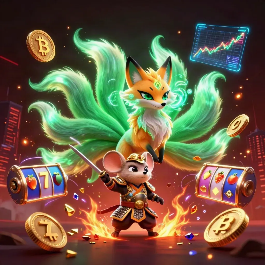 Emerald fox spirit and armored mouse burst with coins, gems, lightning and casino energy.