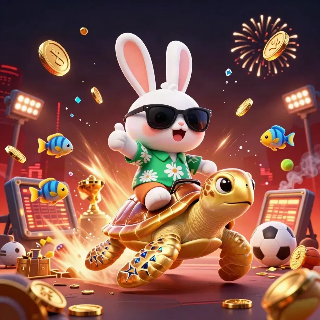 Lucky rabbit on a gold turtle amid coins, sports balls, fireworks, and casino glow