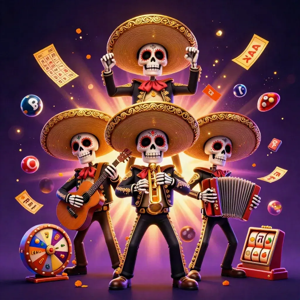 Skeleton mariachi trio amid casino sparks, lottery balls, bingo card, wheel, and gold glow.